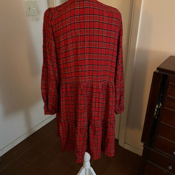 LOFT Ann Taylor Shimmer Red Plaid Tiered mini Dress size large gold buttons tie - Picture 7 of 16
